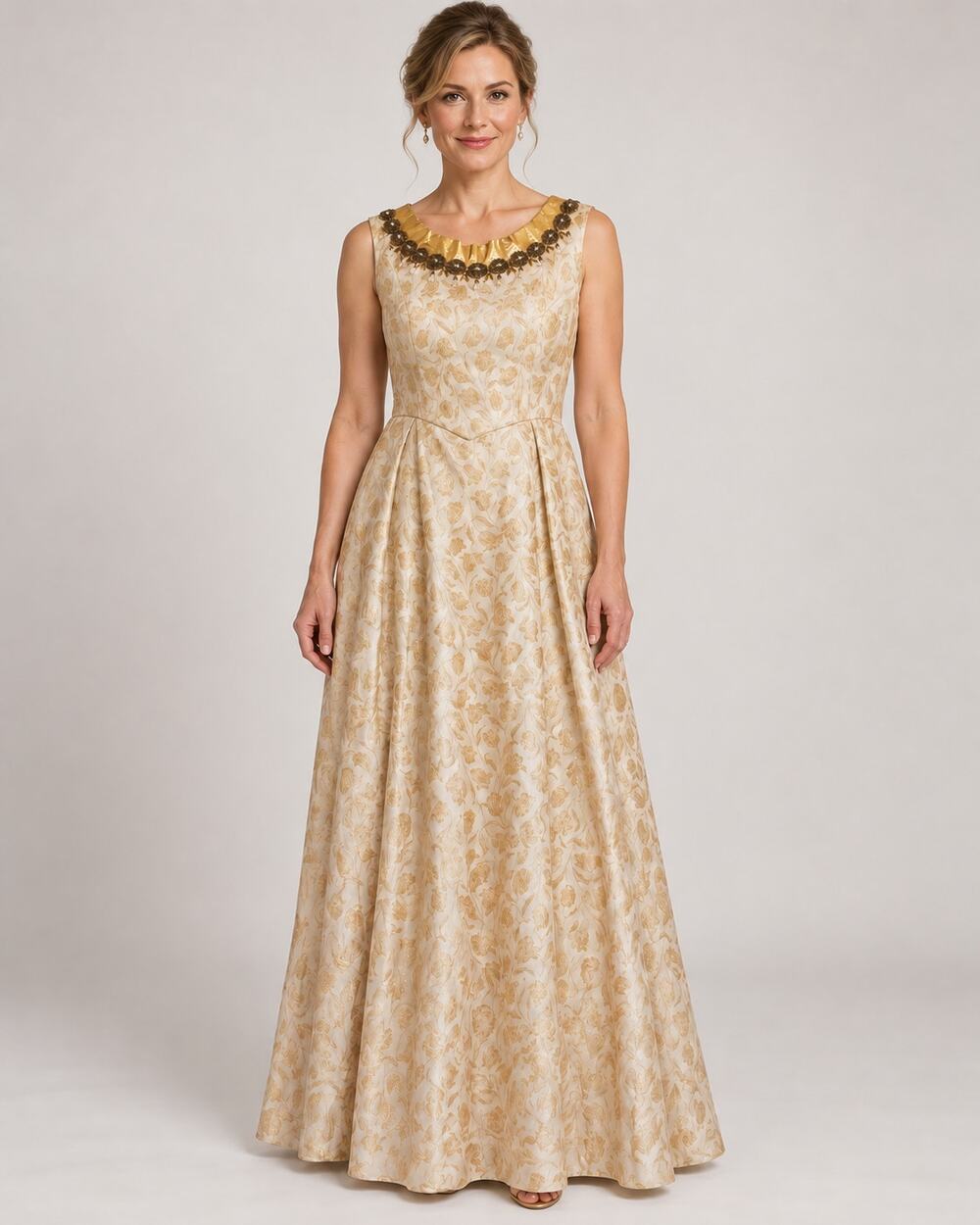 Vintage 1960s Gold Brocade Evening Gown Beaded Neckline US 8 36" Bust